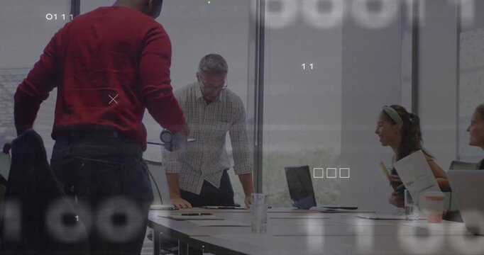 Boardroom team checking docs entrant placing binder planning business under green overlay obscuring
