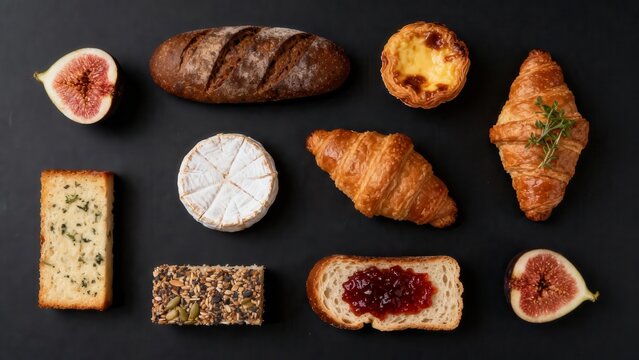 Assortment of freshly baked goods and fresh fruit arranged artfully on a dark surface