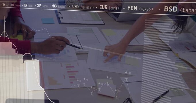 Two analysts pointing papers at desk as ticker appearing animating finance charts guiding decisions