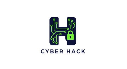 Cyber Security H Logo with Padlock and Circuit Board Design Representing Digital Protection and Network Safety