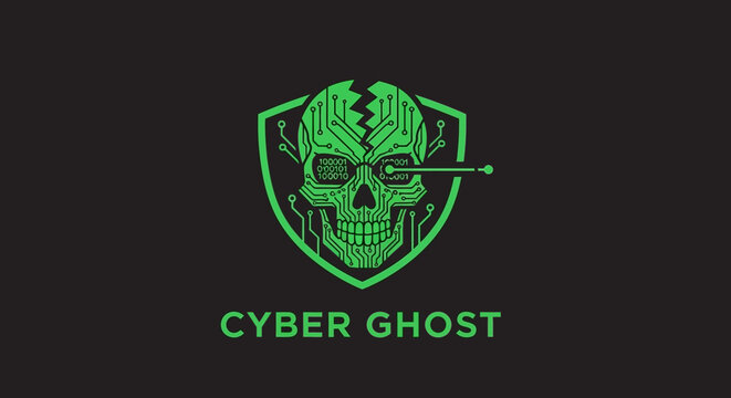Cyber Ghost Logo A Digital Skull Icon in Green with Circuitry Design and Bold Text on Black