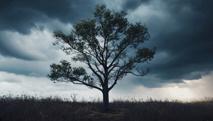 A massive tree in a field under dark gathering clouds
