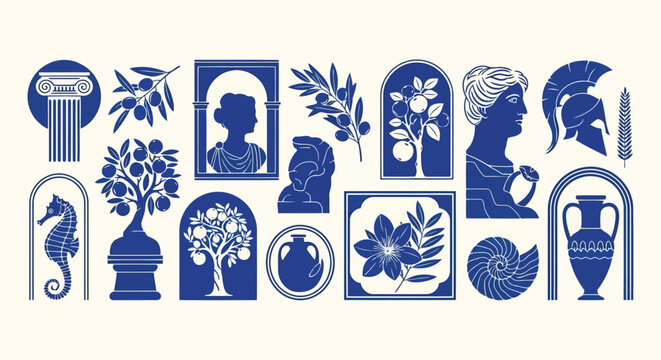 Collection of blue and white ancient greek and roman themed icons and patterns