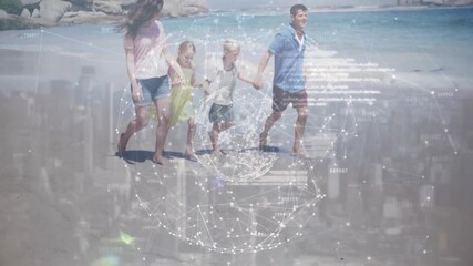 Family of four stepping onto wet sand and activating clear globe overlay pulsing with network data - Powered by Adobe