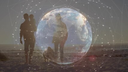 Man lifting child on shoulders initiating sunset beach walk tech globe dots linking family bonding - Powered by Adobe