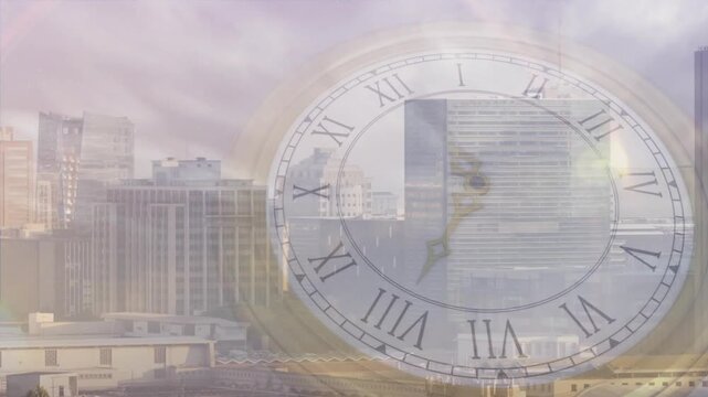 Translucent clock face brass hands rotating clockwise as moon drifting, glow rising, showing time