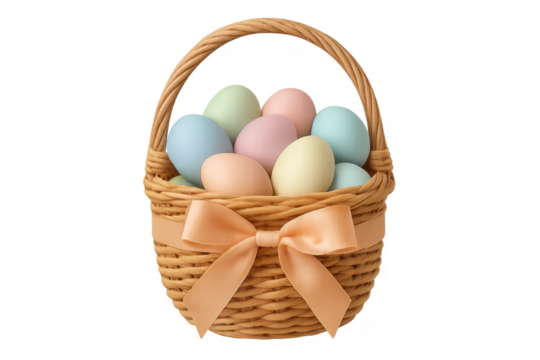 Easter basket with pastel eggs and orange ribbon