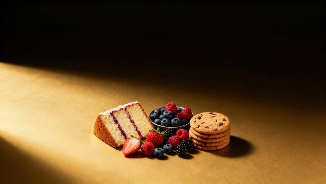 Baked dessert items and mixed fresh berries arranged on a golden surface with dramatic lighting - Powered by Adobe