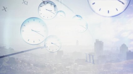 Flare-triggered clock cluster drifting diagonally, rotating and scaling, visualizing passing time - Powered by Adobe