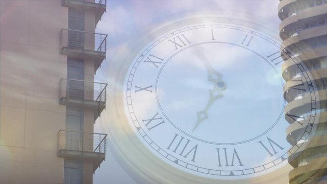 Clock appearing between towers, translucent dial rotating while moon drifting, showing time passage