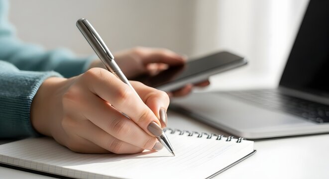 Close-up of a person writing in a notebook while holding a smartphone and working on a laptop.