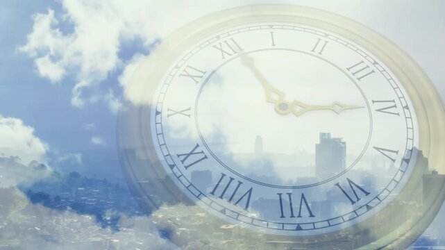 On play clock centering, gold hands advancing, clouds drifting showing time over city skyline - Powered by Adobe
