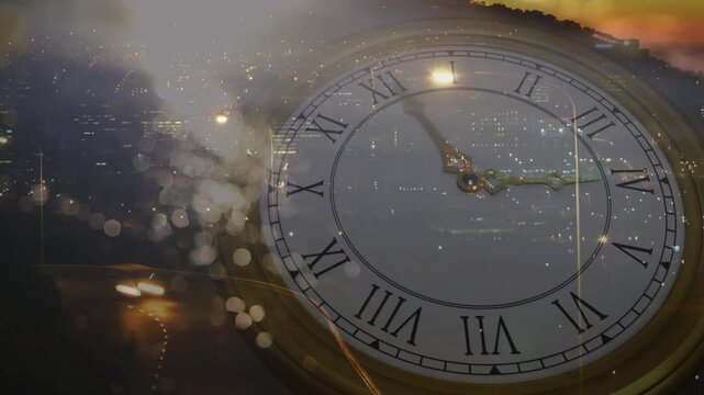 Analog clock hands moving while sunset triggers headlights streaks and bokeh rising, showing time