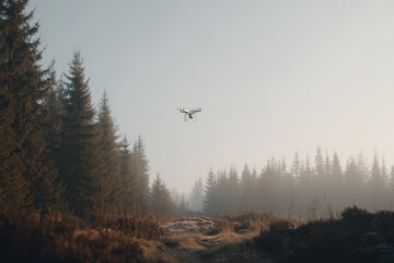 drone hovers above dense forest skillfully monitoring person heart rate from sky