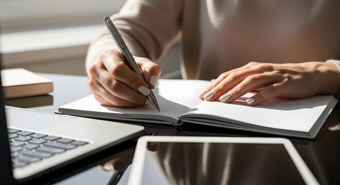 Close-up of a person writing in a notebook with a pen, laptop and tablet nearby.