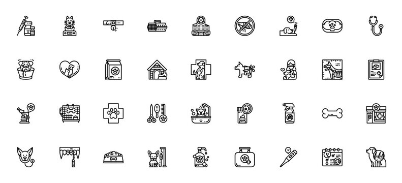 Veterinary icon set. Pet care vector icons. Includessymbols for vaccine, dog, tethoscope, pet food, hosptal, puppy, healthcare andmore. Editable stroke.