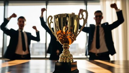 Gold trophy cup on table with celebrating business team cheering joyful expression after achievement and victory celebration in office morning light showing teamwork success award - Powered by Adobe