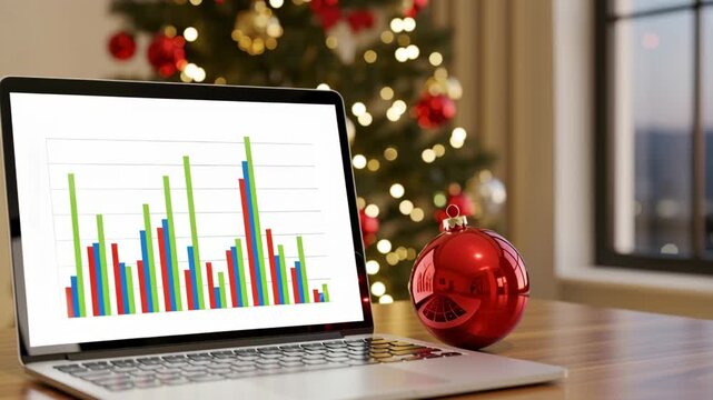 Festive workspace laptop bar chart graph with red Christmas ornament tree bokeh holiday workspace showing colorful bar chart and ornament near decorated tree evoking cozy holiday productivity