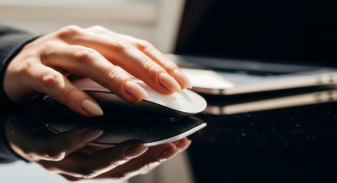 Close-up of a persons hand using a computer mouse on a reflective surface.