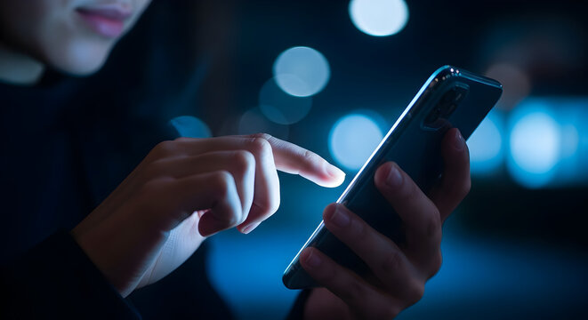Close-up of a persons hand using a smartphone at night with bokeh lights.