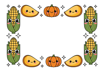 Naklejka premium Kawaii Thanksgiving Frame Vector Illustration with Corn and Pumpkin Border 