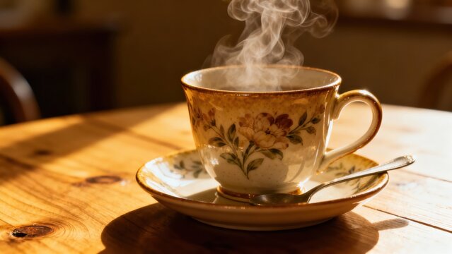 Ornate ceramic teacup filled with a steaming beverage rests upon a wooden table bathed in sunlight