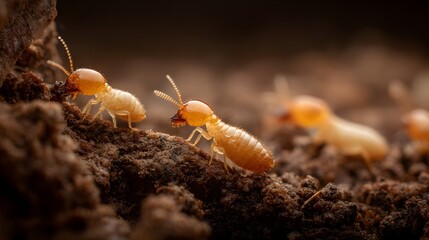 Several small insects with pale bodies and dark heads move across rough, dark brown soil