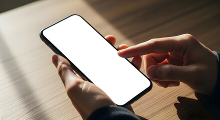 Close-up of a persons hands holding and interacting with a modern smartphone with a blank white screen.