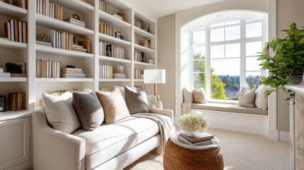Serene Reading Corner with Cozy Sofa, Natural Light, and Shelves Filled with Books in Elegant Interior Design Setting