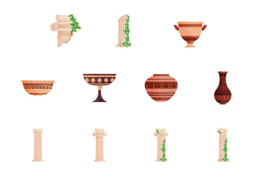Beige And Green Greek Culture Architecture Pottery History Illustrations Set