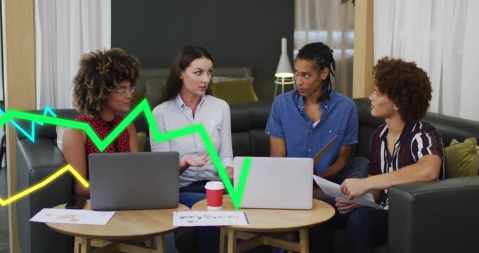 Central woman starting pitch, business team listening and working live graphs sweeping over laptops