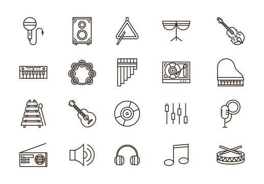 Black And White Music Instruments Audio Studio Sound Line Icons Set