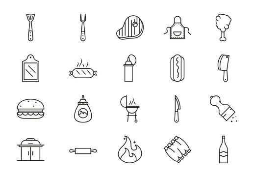 Black And White Grill Barbecue Food Cooking Meat Line Icons Set
