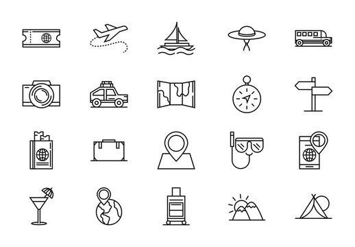 Black And White Travel Vacation Adventure Tourism Line Icons Set
