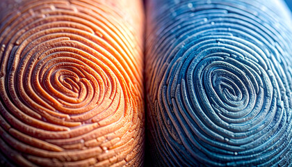 Fingerprint Detail: A close-up showcases the intricate patterns of two distinct fingerprints, each rendered in contrasting hues, highlighting the unique nature of human identity.