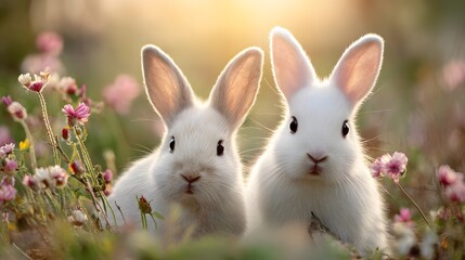 Fototapeta premium Two fluffy white baby rabbits peer directly forward nestled among blooming wildflowers during sunrise