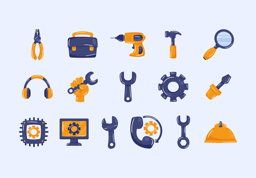 Blue And Orange Tools Equipment Maintenance Technical Support Icons Set