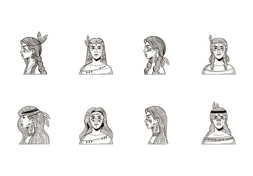 Black Native American Tribal Female Portraits Illustrations Set