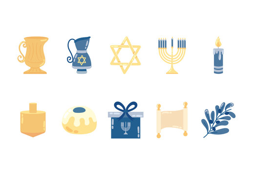 Blue And Yellow Hanukkah Jewish Holiday Religion Festival Illustration Set