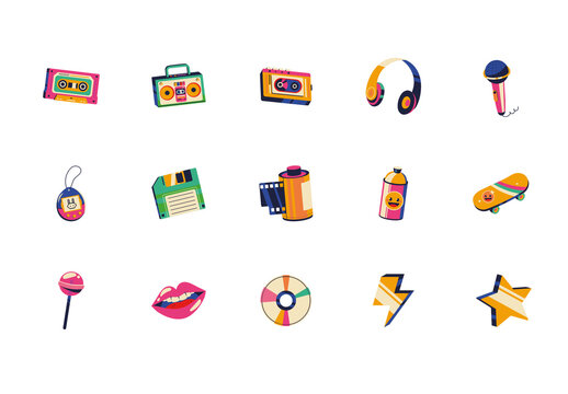 Colorful 90s Pop Art Retro Gadgets Illustrations Set