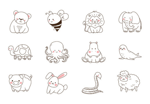 Colorful Cute Animal Baby Zoo Cartoon Illustrations Set