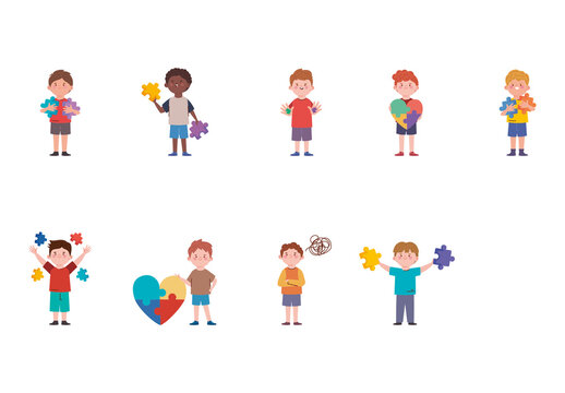Colorful Autism Awareness Boy Kids Diversity Illustrations Set