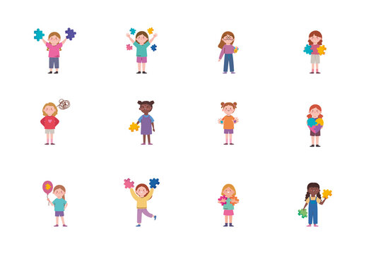 Colorful Autism Awareness Girl Kids Diversity Illustrations Set