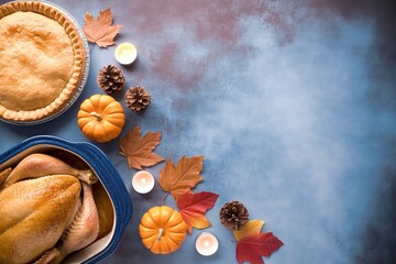 Thanksgiving Feast Background with Roasted Turkey Pie and Autumn Leaves