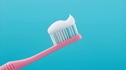 Neon pink toothbrush with toothpaste on a blue backdrop, celebrating oral health awareness.