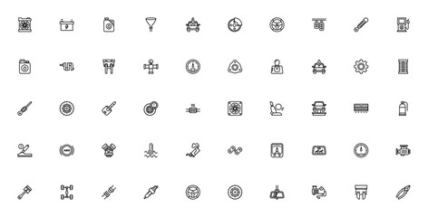 Car engine icon set. Vector automotive parts collecton. Includes symbols for bttery, radiator, pistons, ransmission, turbo, suspenion, wheels and more. Editble stroke.