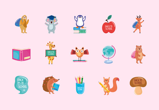 Colorful Back To School Animal Cartoon Illustrations Set