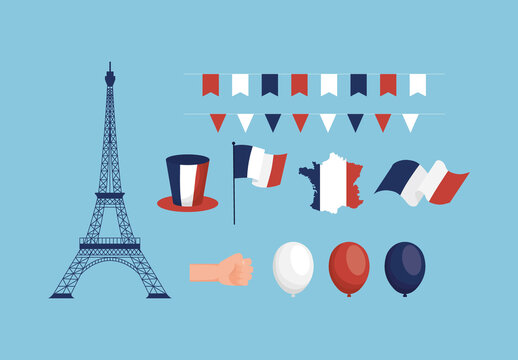 Colorful Bastille Day French Celebration Illustrations Set