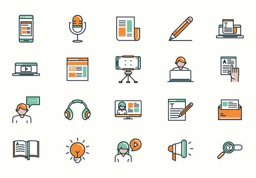 Colorful Blogging Media Content Creation Communication Icons Set