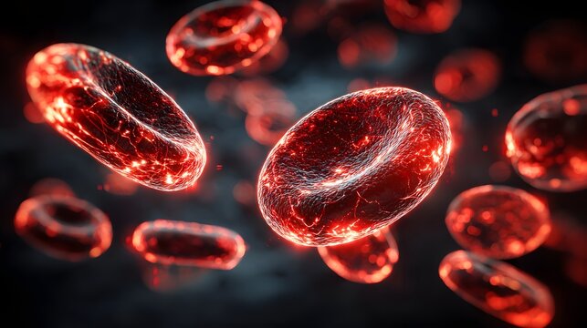 Illuminated microscopic view depicts numerous biconcave blood cells suspended in darkness
